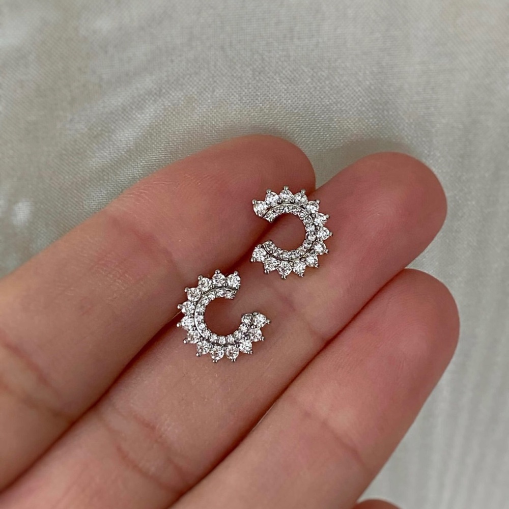 C Shape Stud Earrings 925 Sterling Silver 0.5 inch Silver Color Stylish Zircon